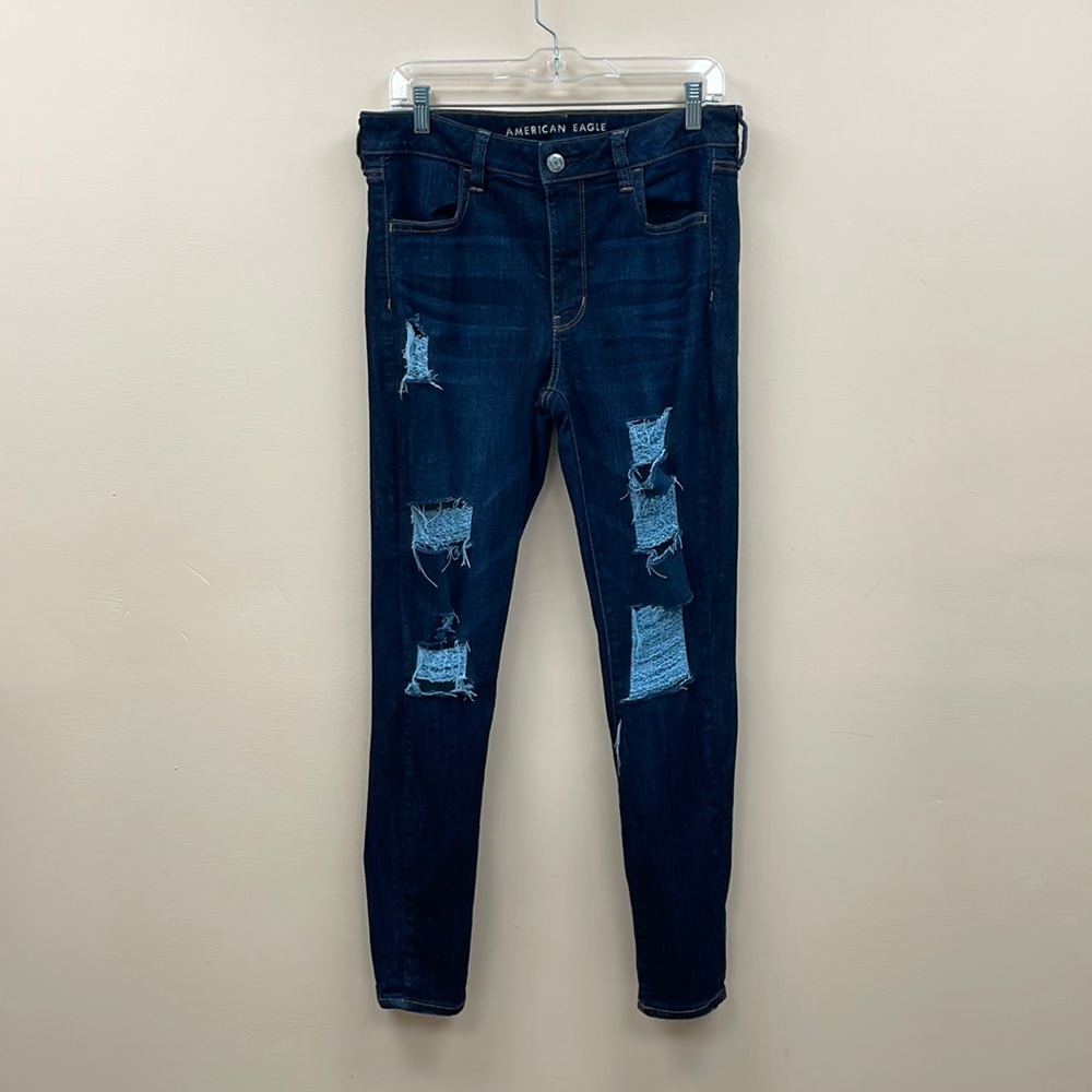 American Eagle Distressed High Rise Retro Pockets Skinny Jeans Stretchy Size 12